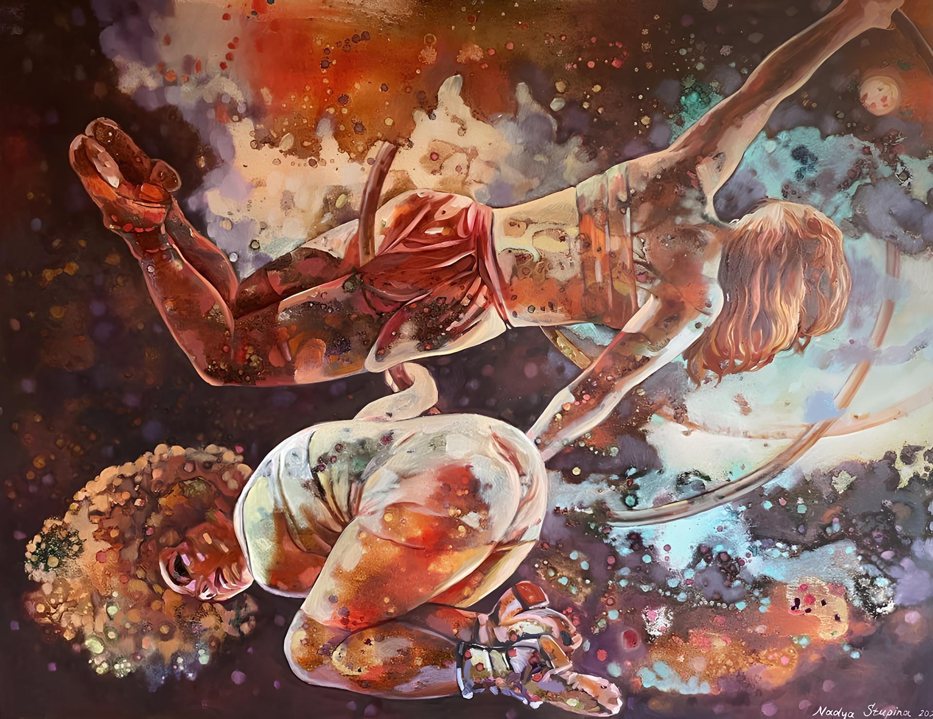 „Fearless acrobats“ Horizontal  X-großes Ölgemälde . Bildliche Darstellung
