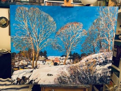 February sky. Original impressionistic landscape. Large impasto. Oil painting