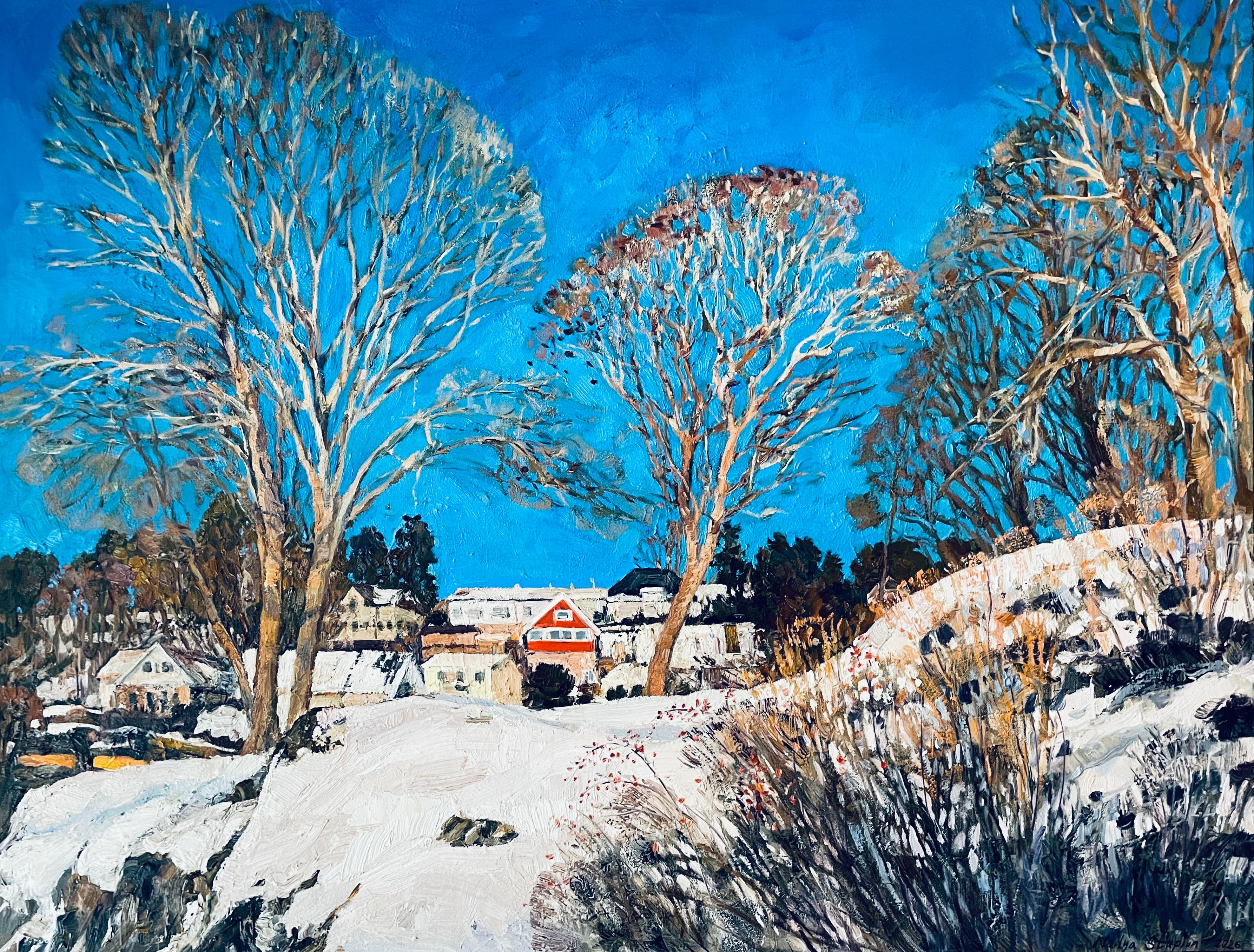 February sky. Original impressionistic landscape. Large impasto. Oil painting