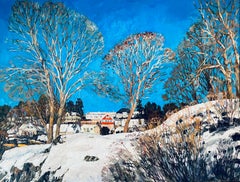 February sky. Original impressionistic landscape. Large impasto. Oil painting