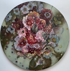 "Fiore rotondo danza 1" Tela rotonda.Pittura ad olio floreale originale. Decorazioni da parete