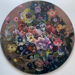 Flower round dance 2 . Oil painting on round canvas