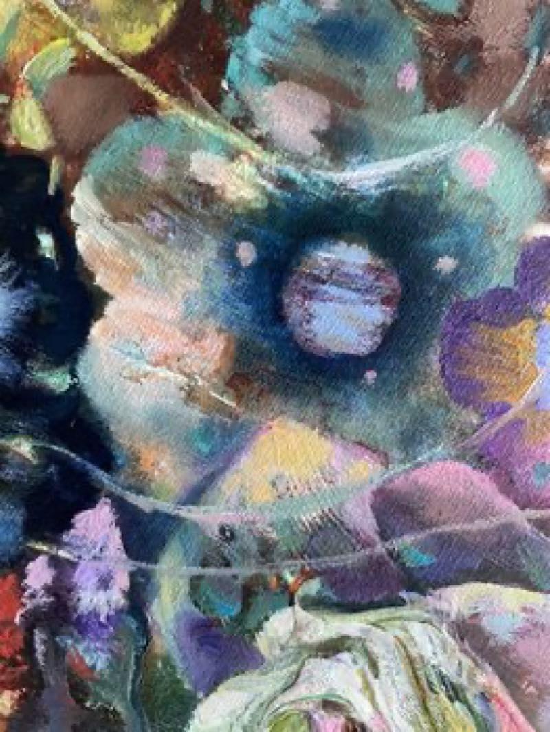 Ballo circolare dei fiori 2 . Pittura a olio su tela rotonda in vendita 1
