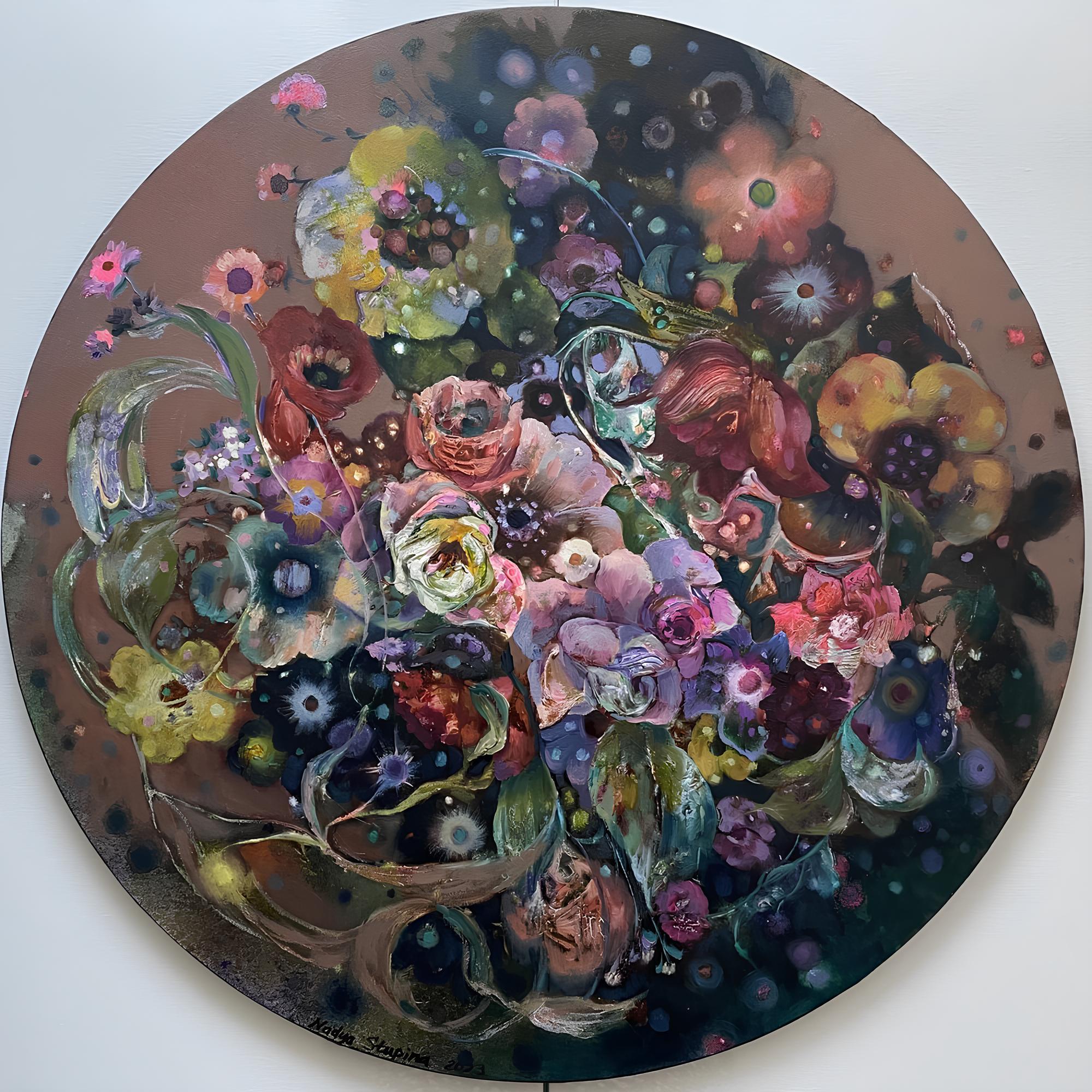 Still-Life Painting di Nadezda Stupina - Ballo circolare dei fiori 2 . Pittura a olio su tela rotonda