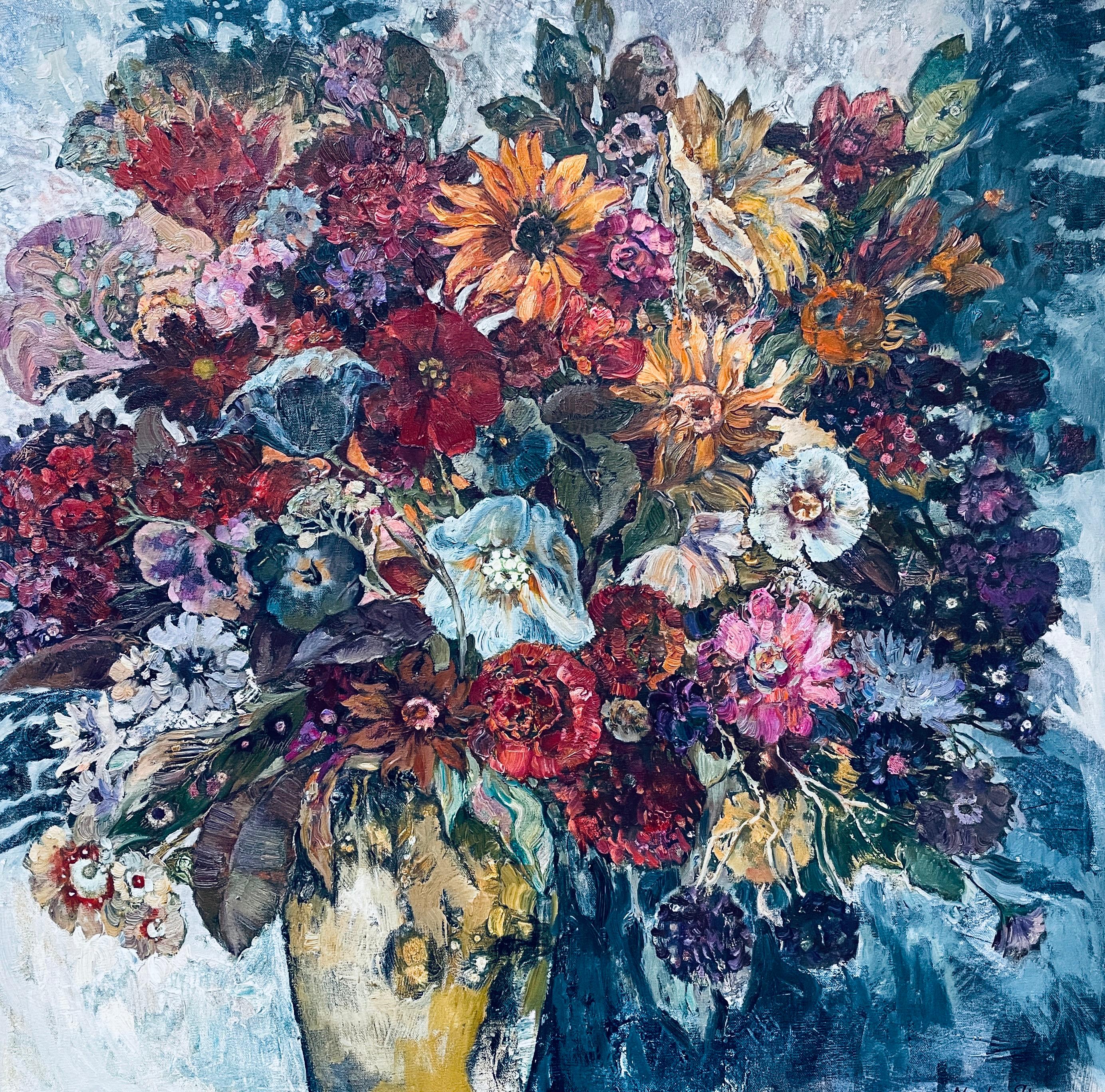 Fiori d'amore, olio su tela Impasto quadrato di grandi dimensioni Natura morta