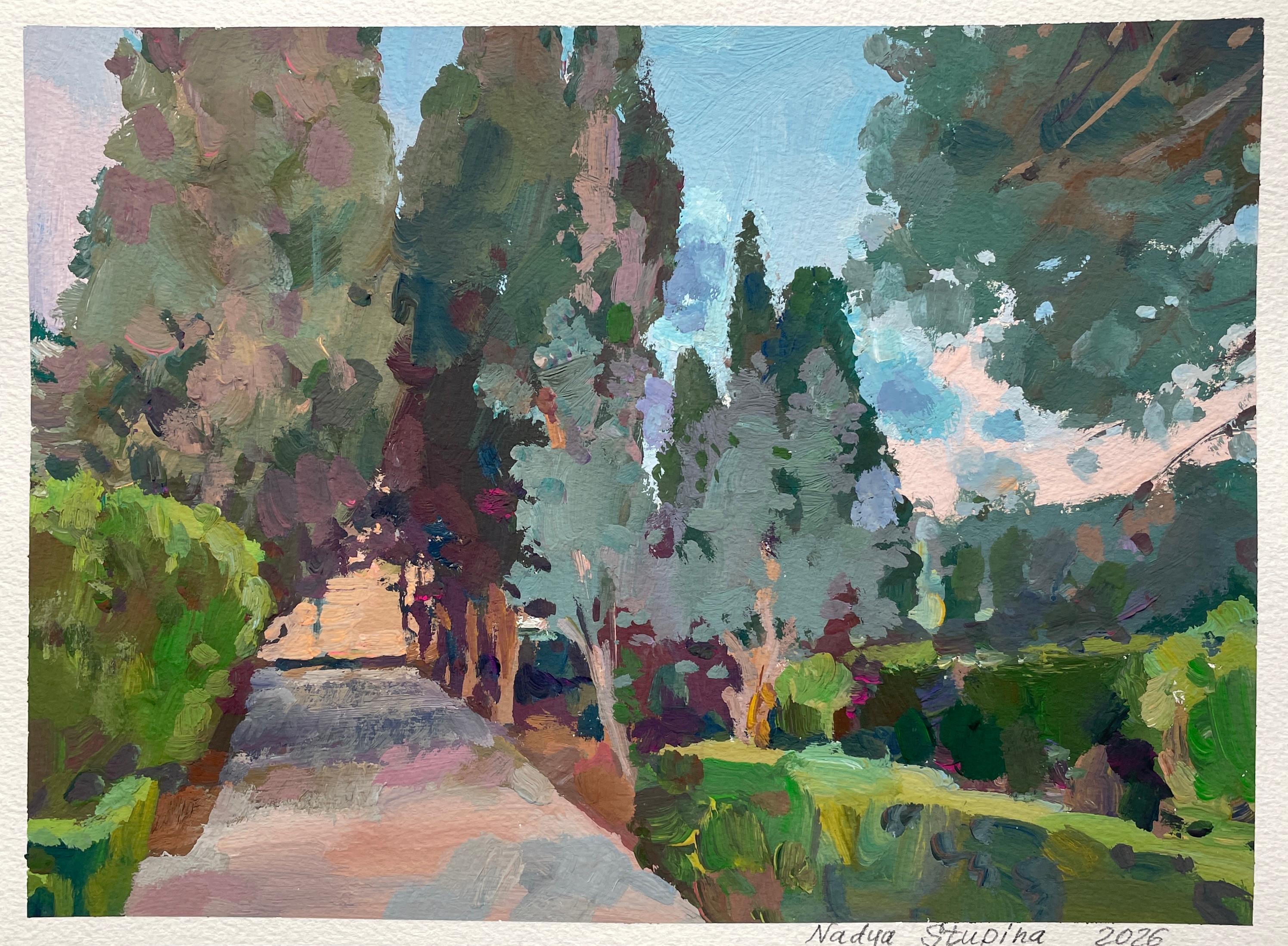 Nel parco Chopin. Pittura paesaggistica originale. Piccolo, gouache su carta.