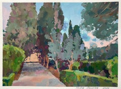 En el parque Chopin. Pintura original de paisaje. Pequeño , gouache sobre papel.