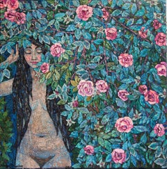 Nel profumo delle rose: Pittura a olio impressionista di nudo, 90x90 cm