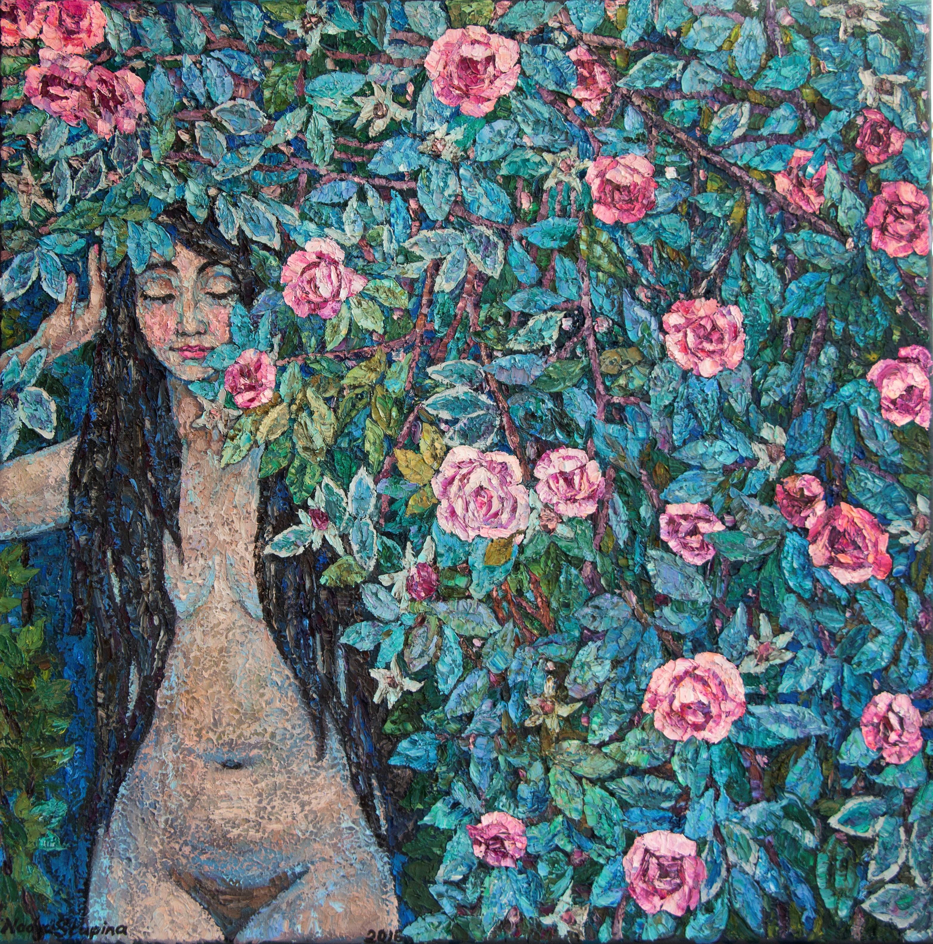 Nude Painting di Nadezda Stupina - "Nella fragranza delle rose.Eve". Nudo. Pittura originale a impasto impressionista