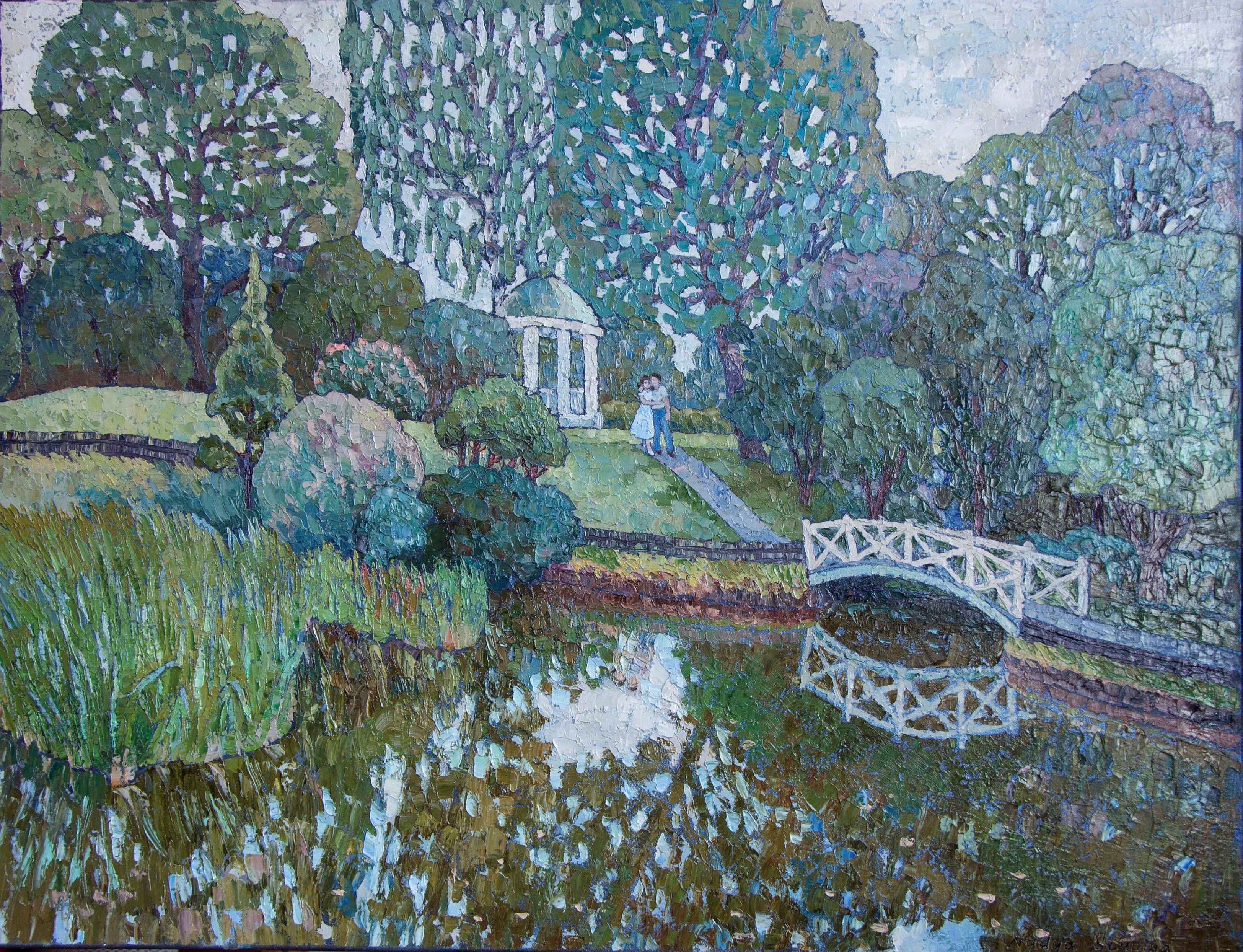 Landscape Painting de Nadezda Stupina - "En el parque" Original paisaje impresionista de gran tamaño . Técnica del empaste