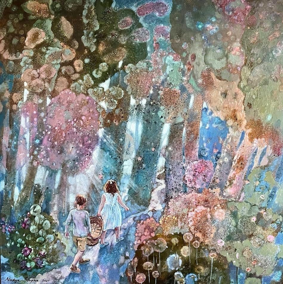 Figurative Painting de Nadezda Stupina - "Al bosque de las hadas a por bayas". Gran cuadro figurativo. Hijos.