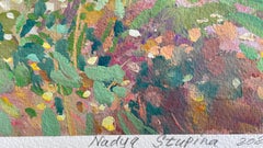 Irises in the garden. Original floral painting. Small size . Gift.