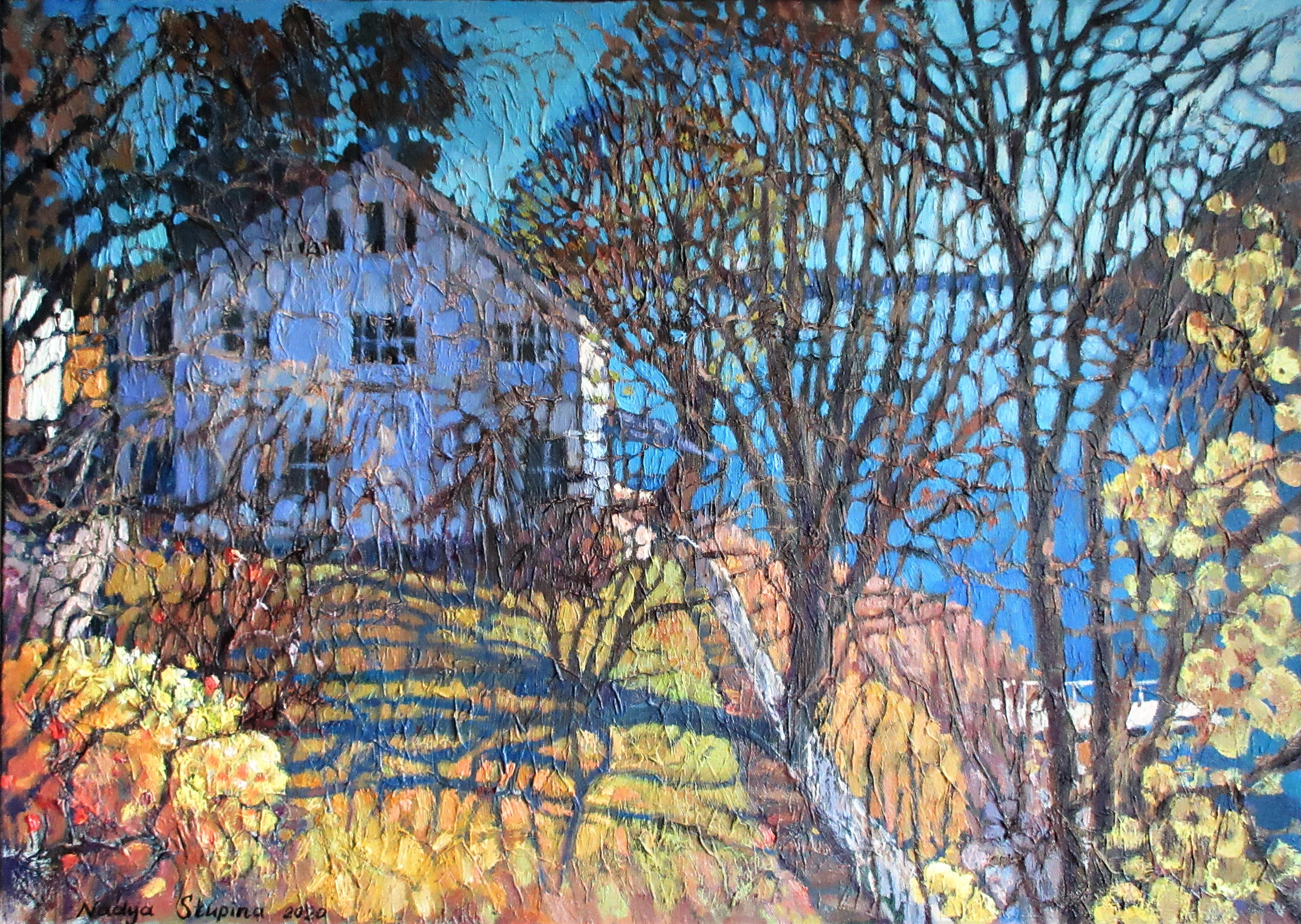Landscape Painting de Nadezda Stupina - "Encaje de abril . Casa cerca del fiordo de Oslo". Original paisaje impresionista.