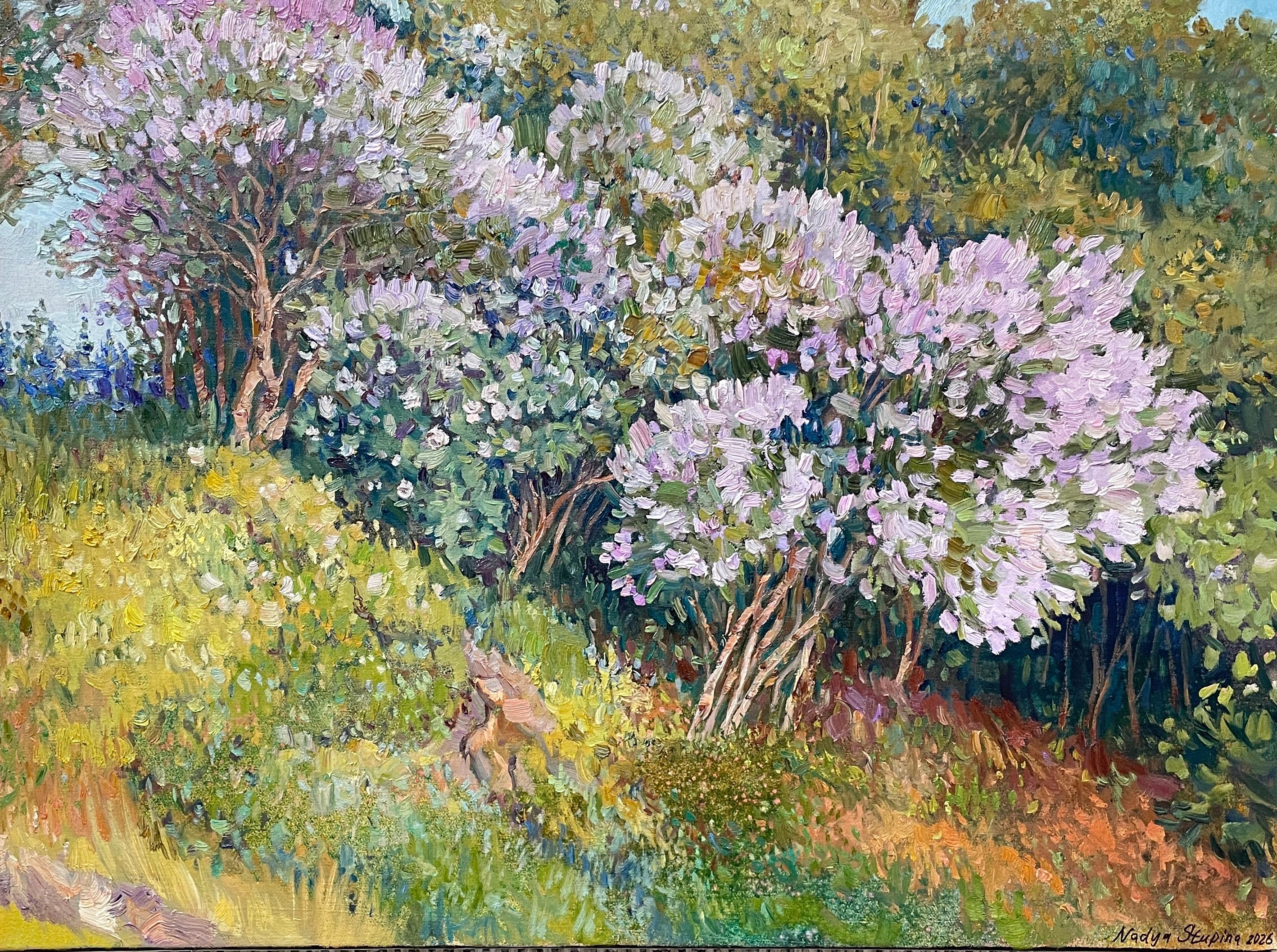 Lilac on the hill . Original impressionistic landscape painting. . Framed