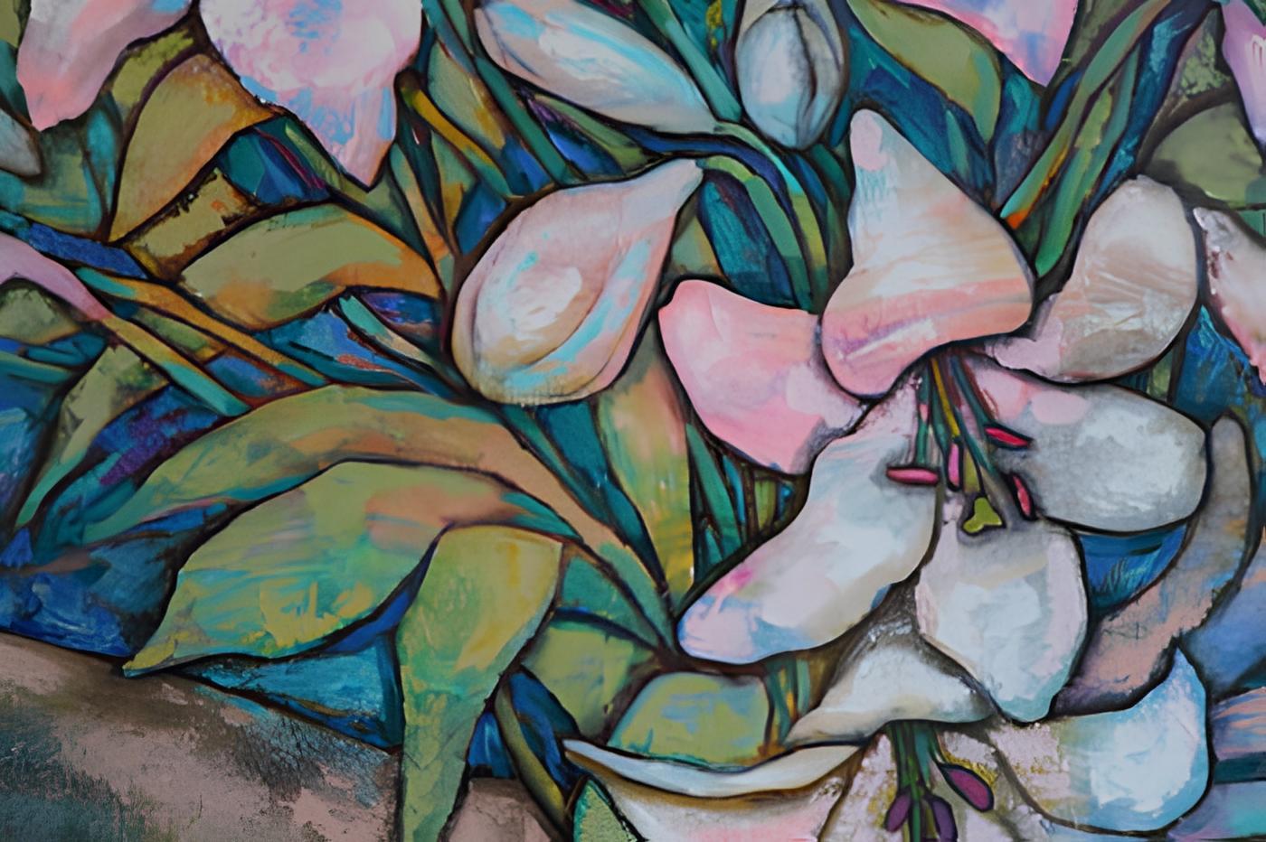 In diesem ausdrucksstarken Werk habe ich Acrylfarben übereinandergelegt, um das zarte Zusammenspiel von Licht und Farbe zwischen den Blüten einzufangen. Meine Emotionen fließen durch die Pinselstriche und erinnern an Wachstum und