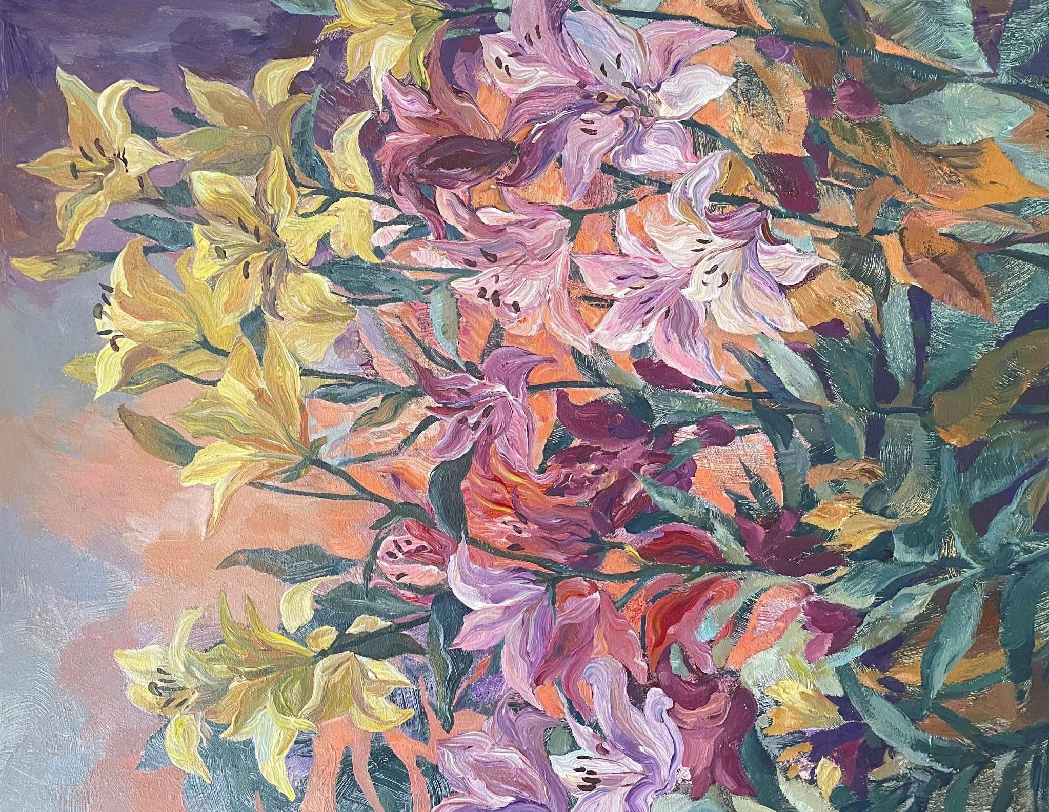 Lilies in Gauguin’s garden. Vertical. Large. Floral acrylic painting.