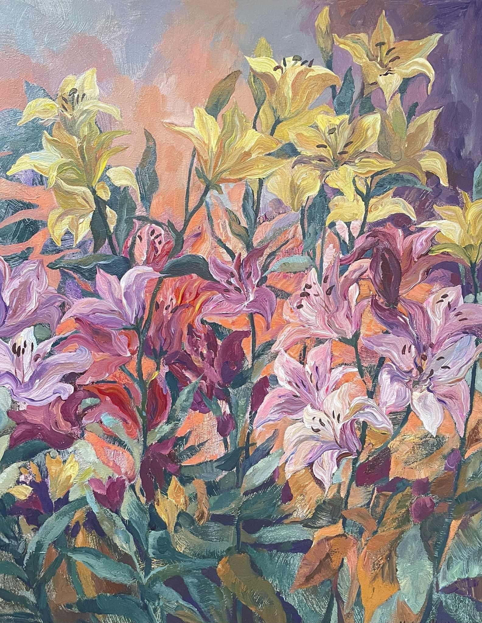 Lilies in Gauguin’s garden. Vertical. Large. Floral acrylic painting.