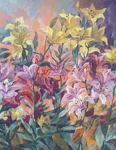 Lirios en el jardín de Gauguin. Vertical. Grande. Pintura acrílica floral.