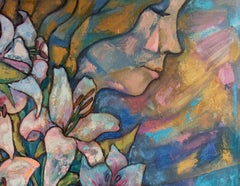 "Lilies" figuratif original  peinture, acrylique verticale sur toile