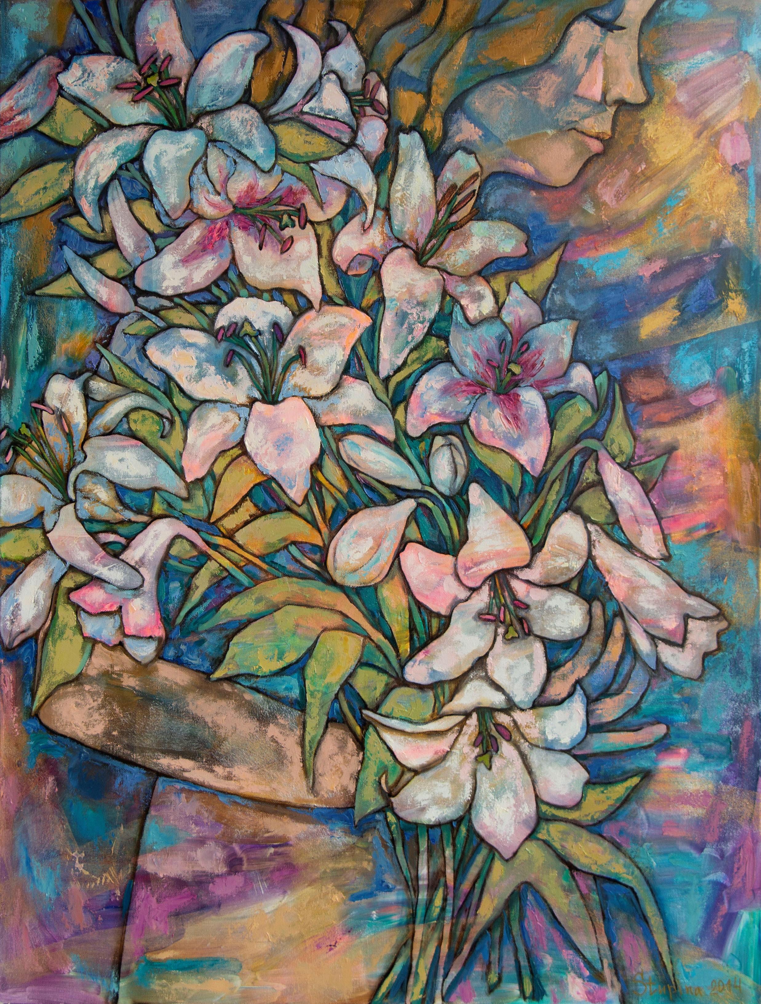 „Lilies“ Original figurativ  Gemälde, vertikales Acryl auf Leinwand