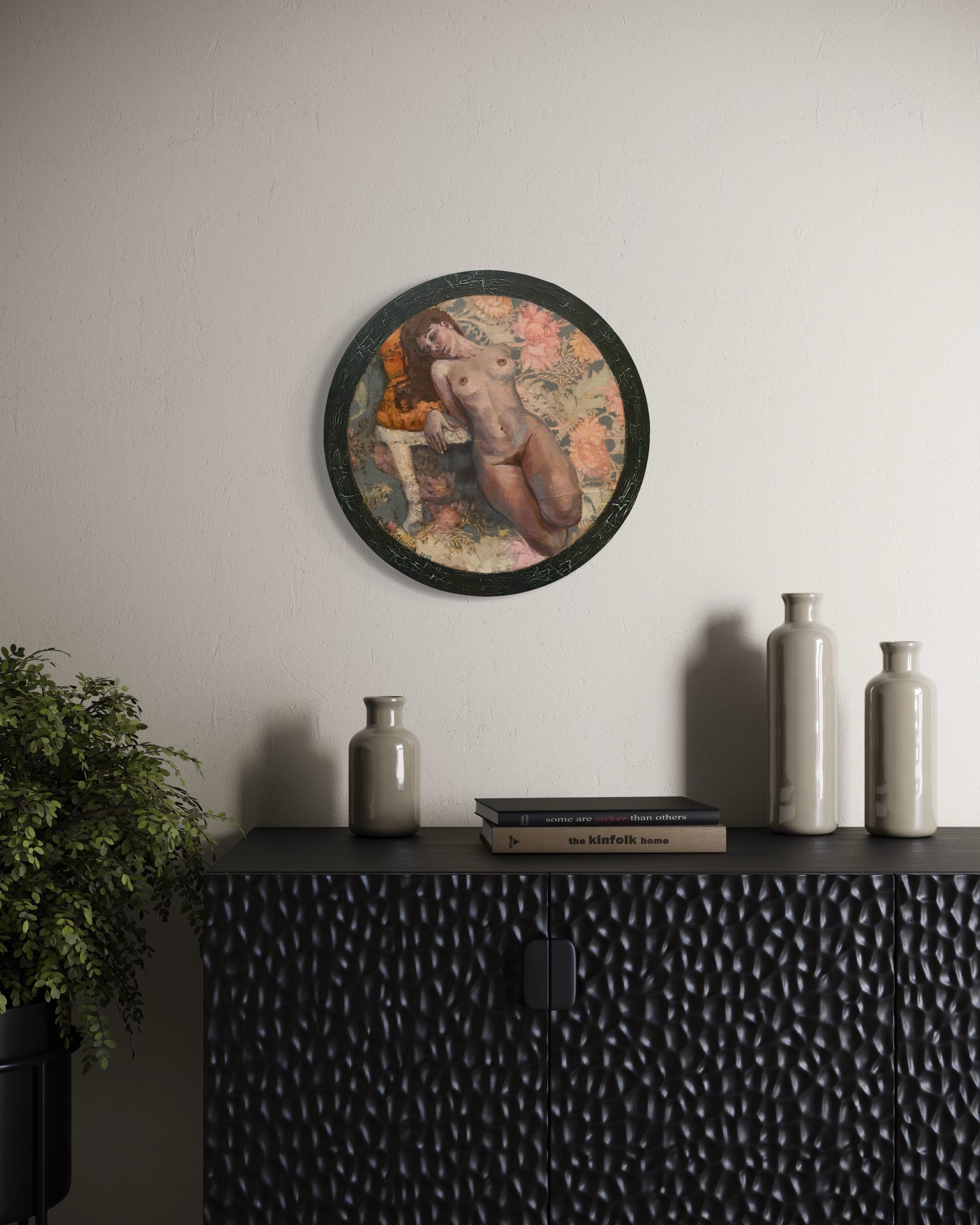 «Morris’s lover 10» Original Nude painting. Circular small canvas. For Sale 5