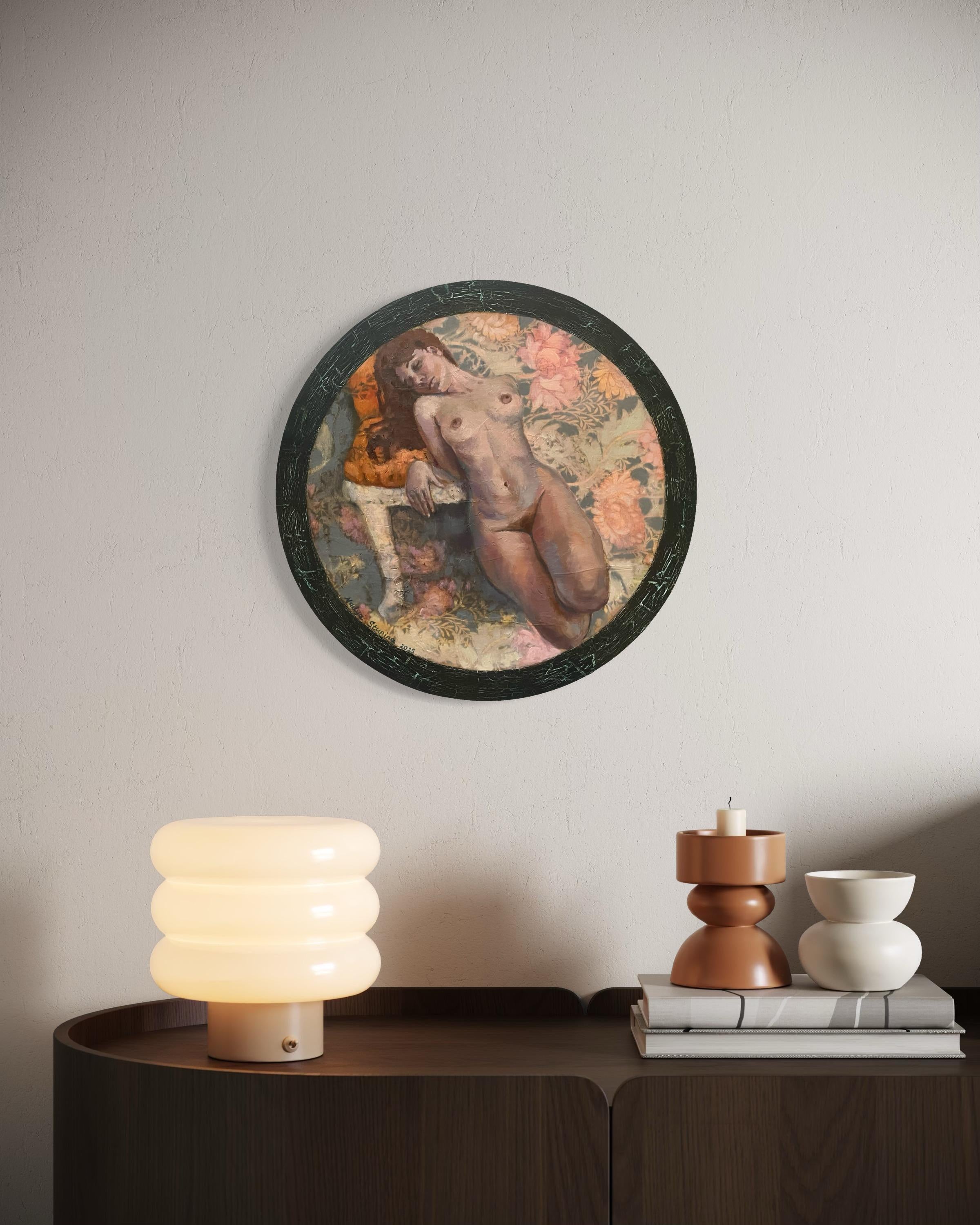 «Morris’s lover 10» Original Nude painting. Circular small canvas. For Sale 6