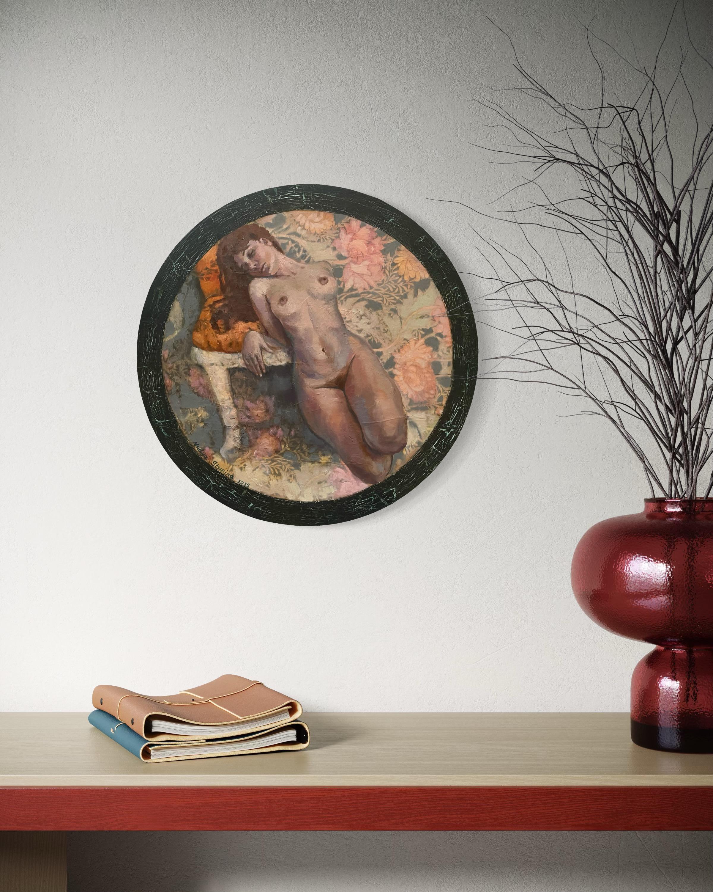 «Morris’s lover 10» Original Nude painting. Circular small canvas. For Sale 7