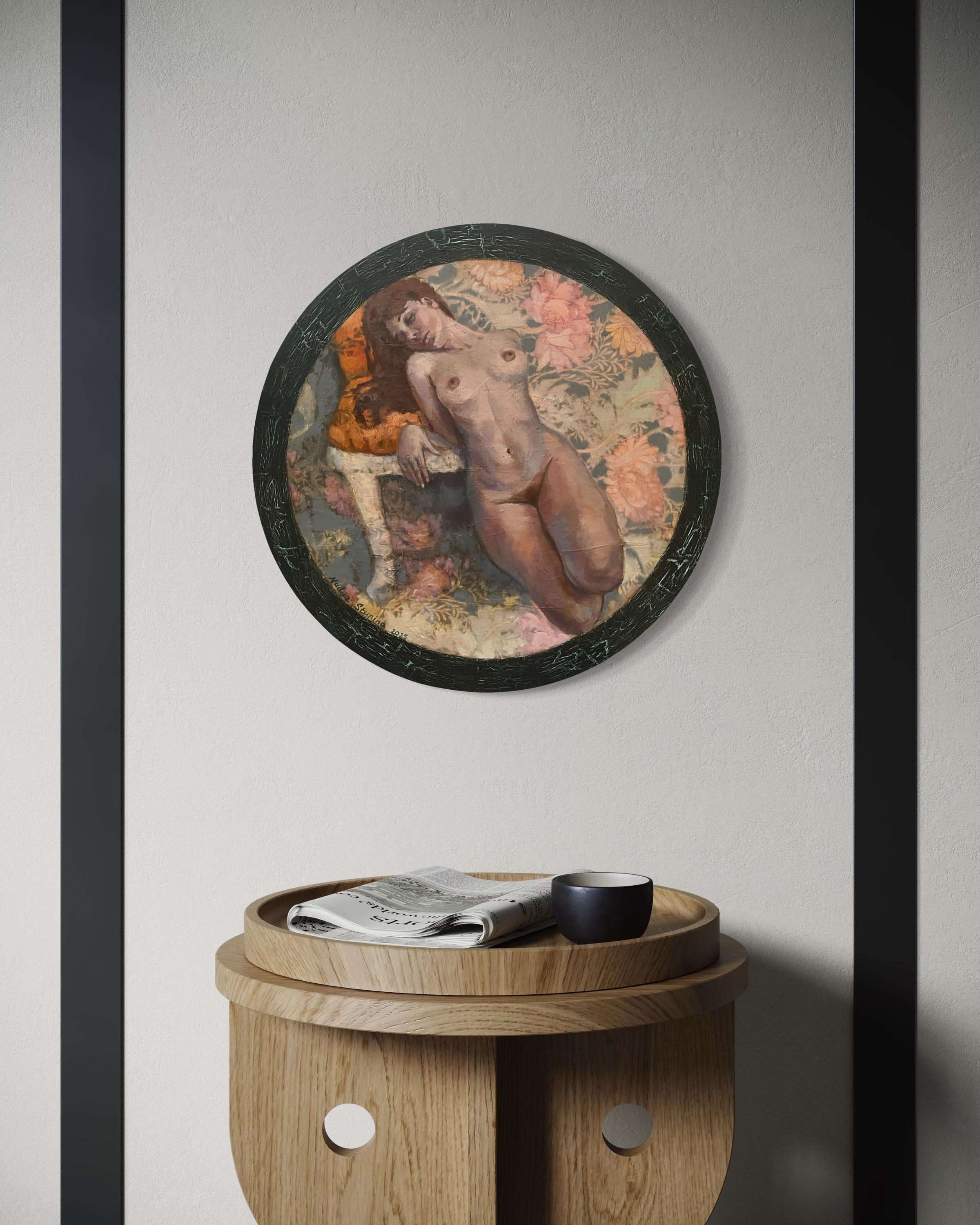 «Morris’s lover 10» Original Nude painting. Circular small canvas. For Sale 8