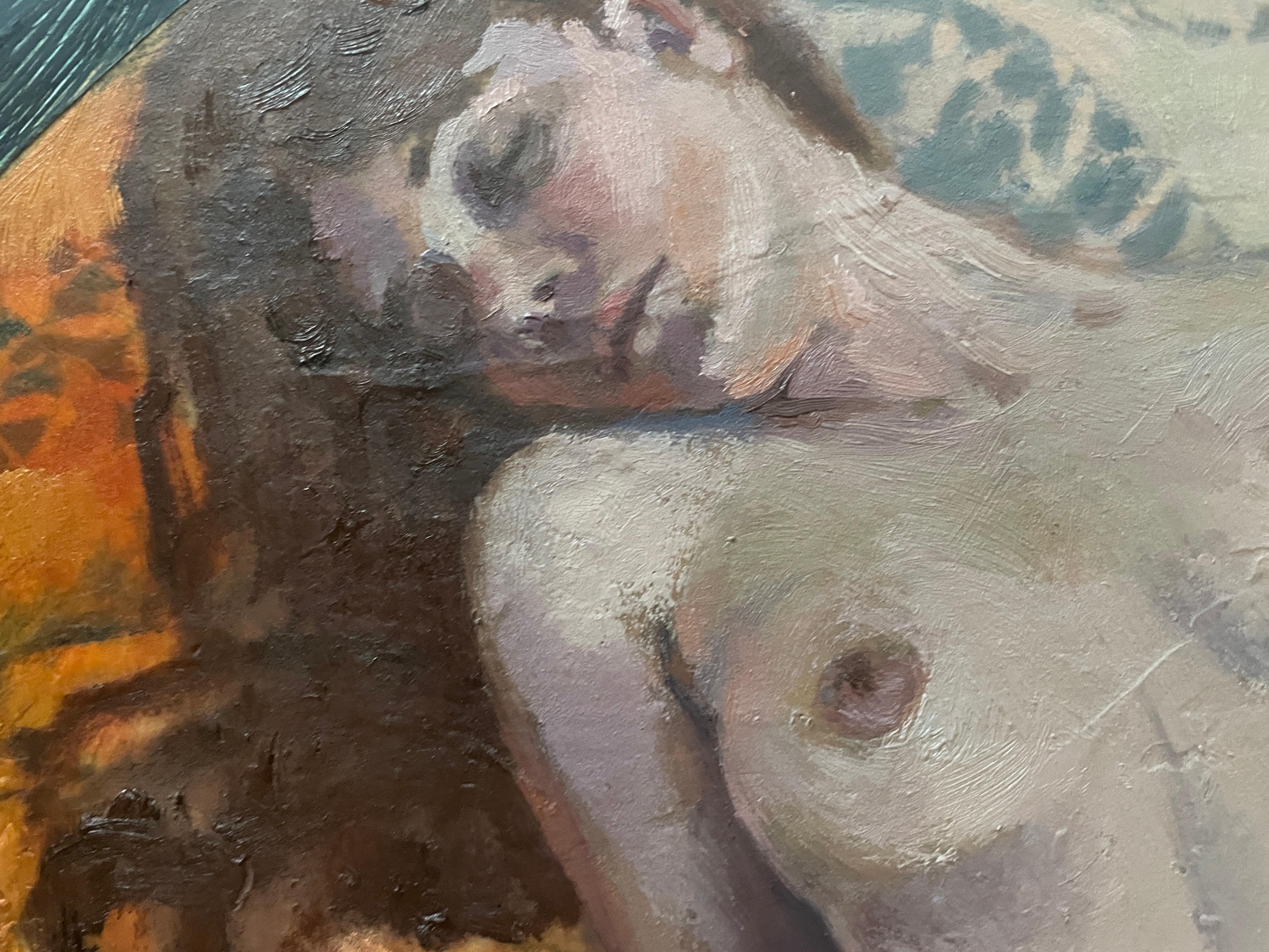 «Morris’s lover 10» Original Nude painting. Circular small canvas. - Contemporary Painting by Nadezda Stupina