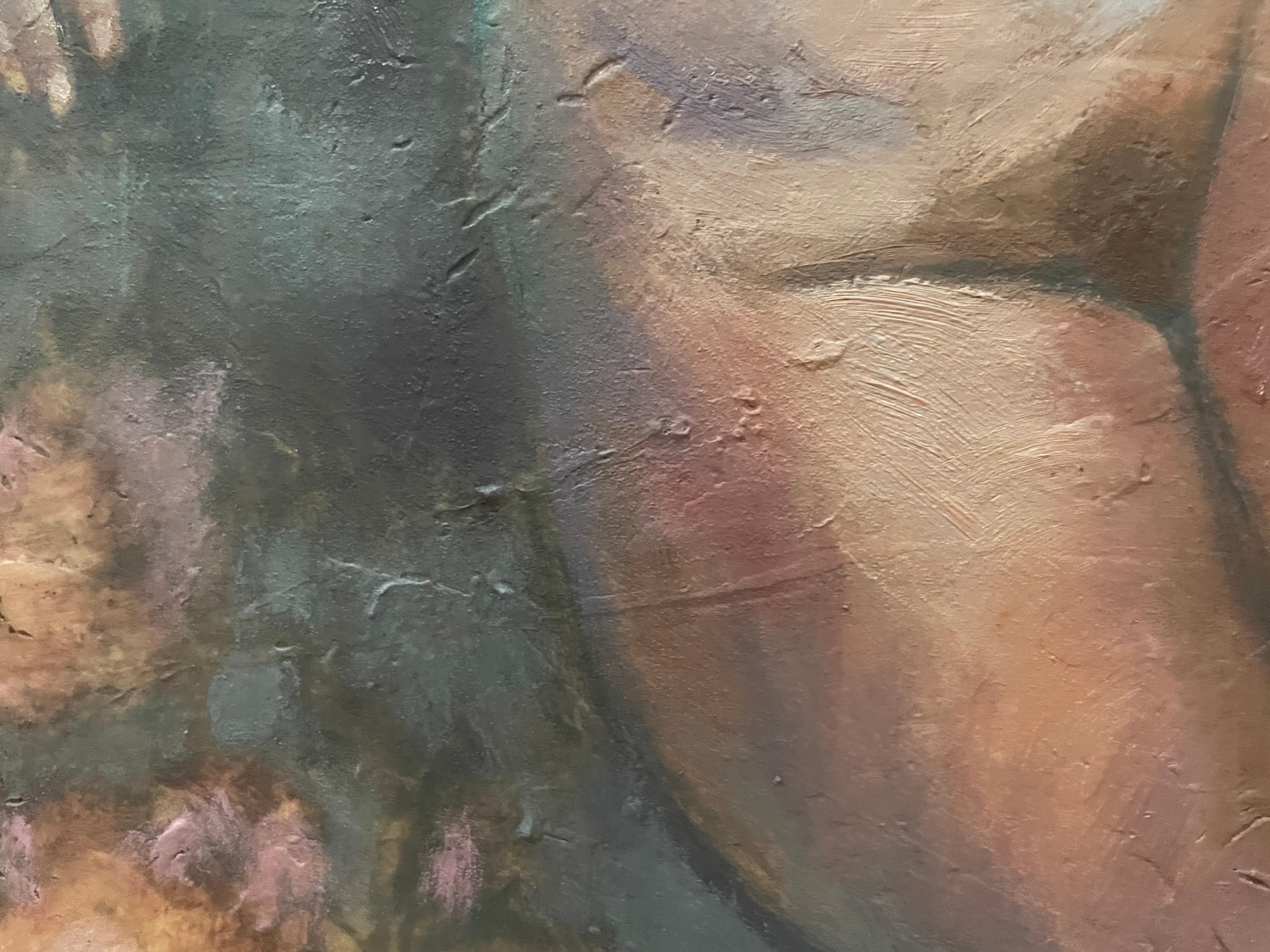 «Morris’s lover 10» Original Nude painting. Circular small canvas. - Brown Nude Painting by Nadezda Stupina