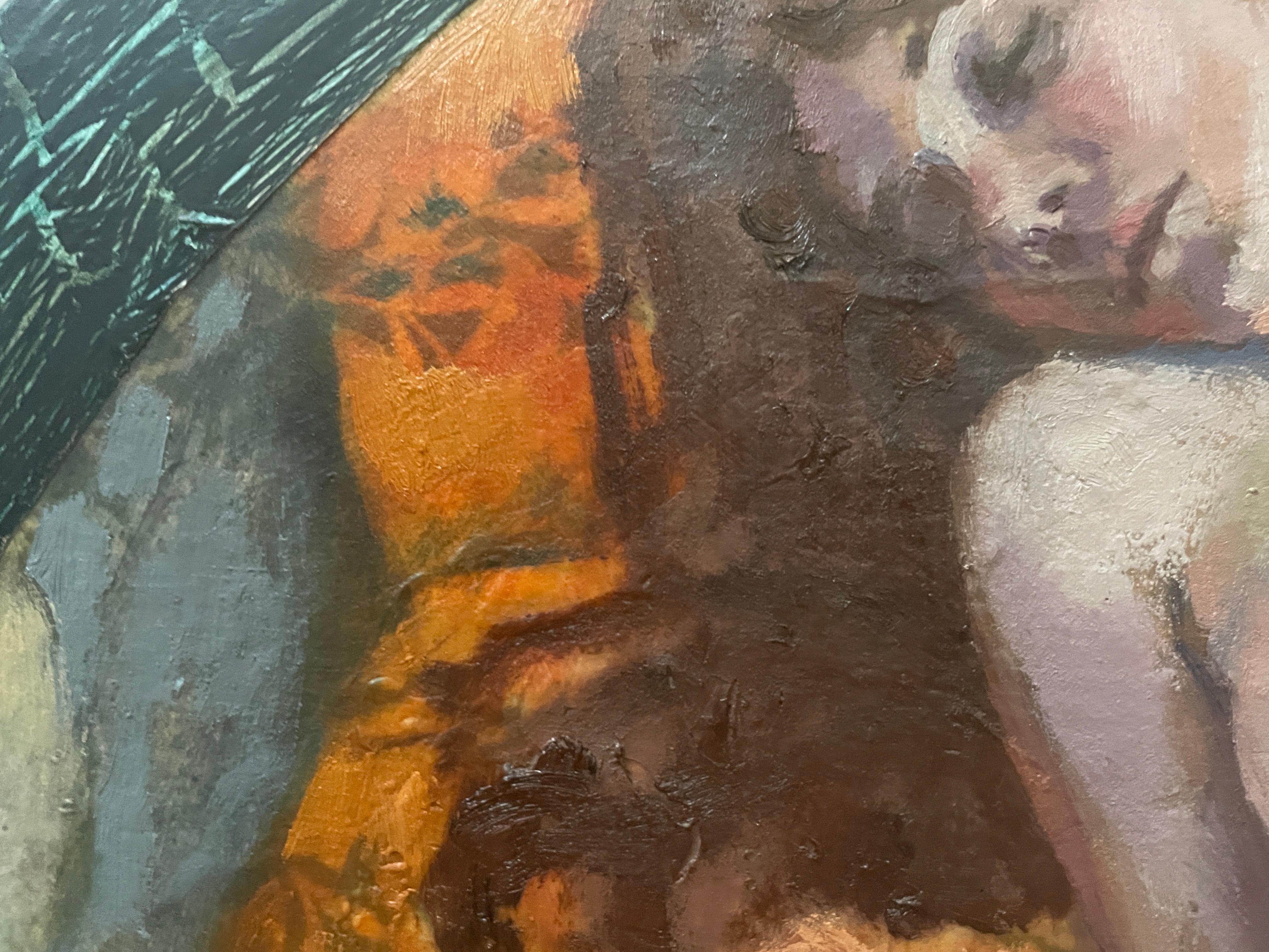 This artwork is a compelling blend of classical and contemporary elements, showcased within a circular frame. The central figure is a reclining nude woman, portrayed with a delicate, yet assertive realism. Resting against an ornately detailed chair,