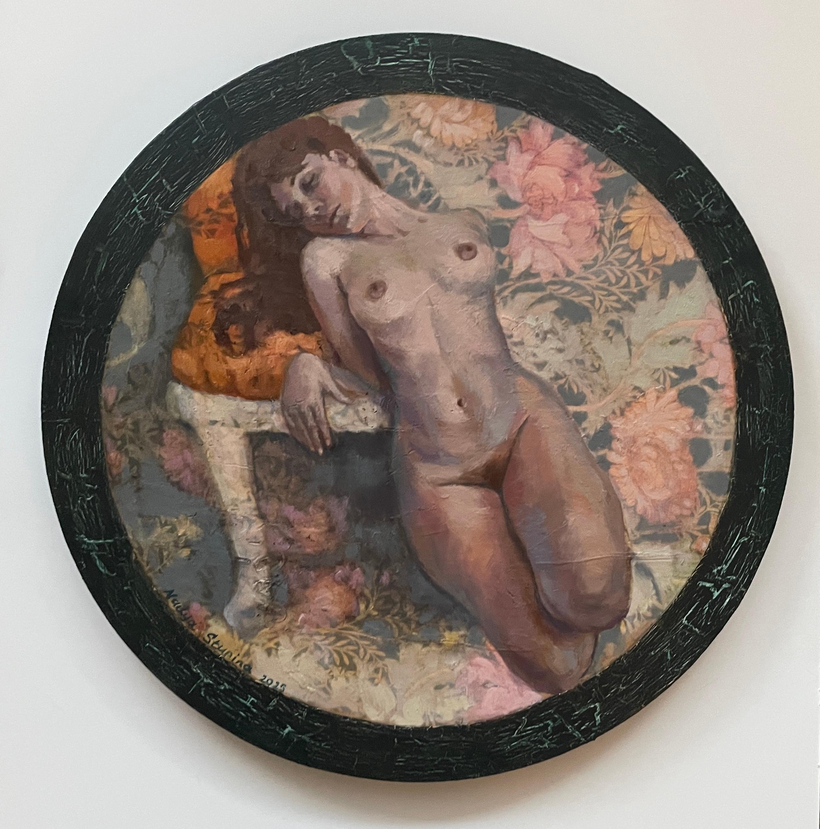 «Morris’s lover 10» Original Nude painting. Circular small canvas. For Sale 2