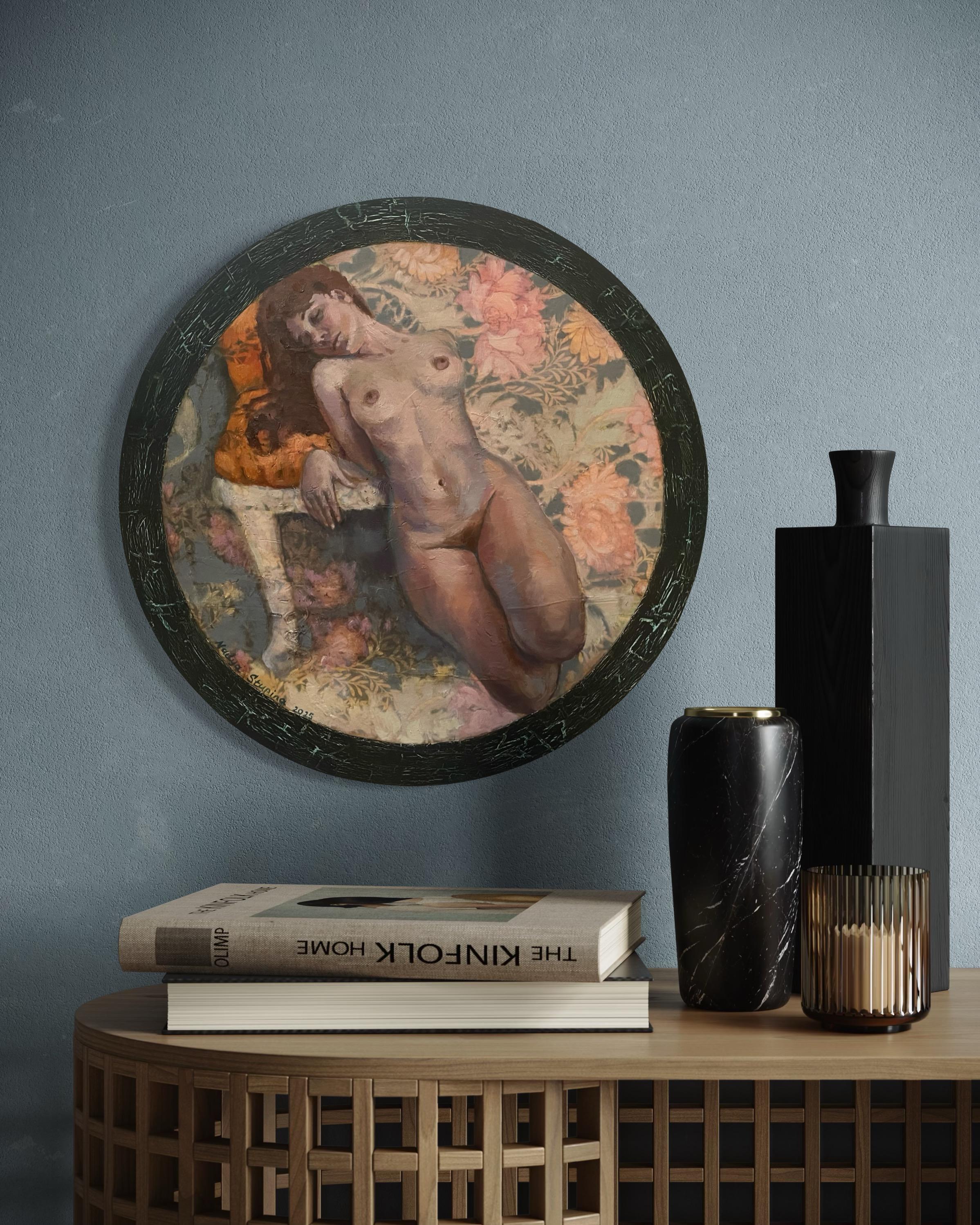«Morris’s lover 10» Original Nude painting. Circular small canvas. For Sale 4