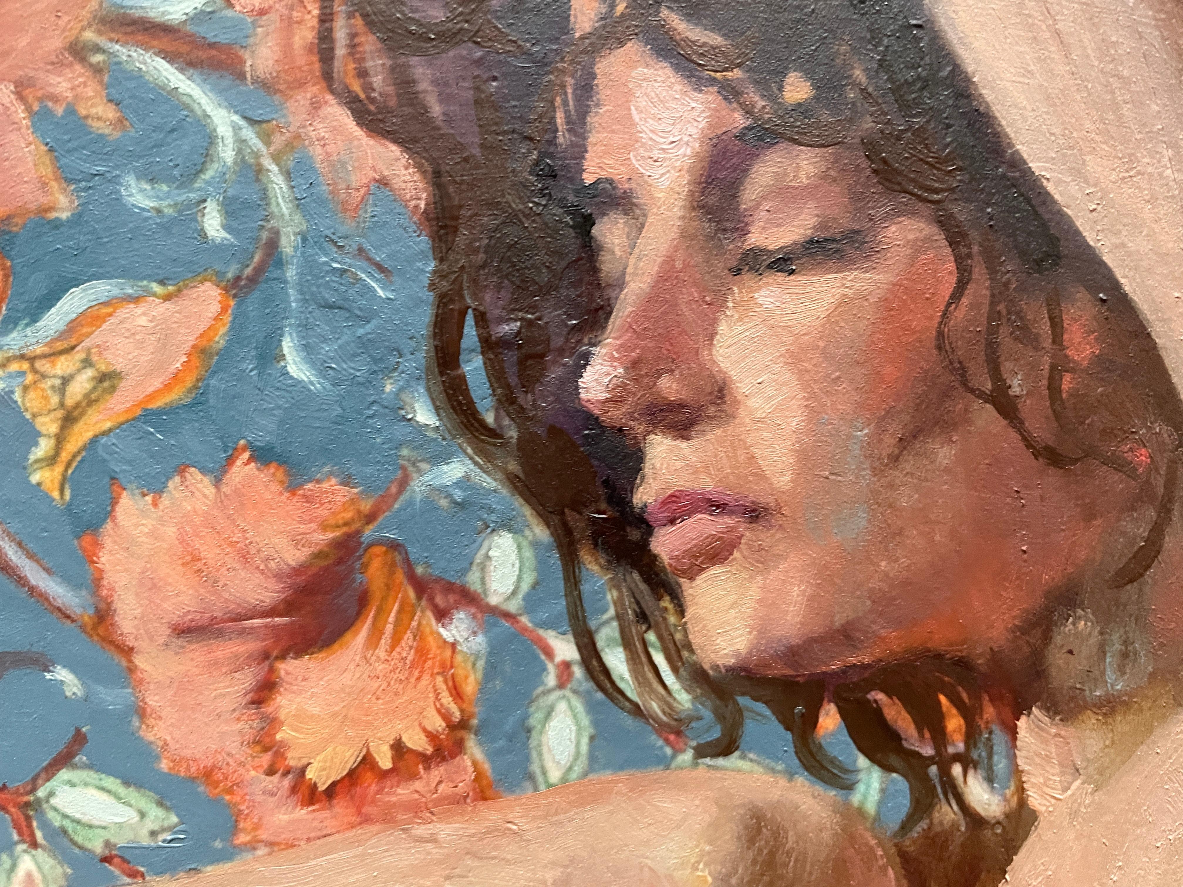 “Morris’s lover 11 “ Original nude painting. Circular small canvas. - Contemporary Painting by Nadezda Stupina