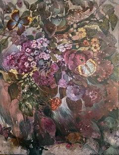 "Night moths" Vertical  oil painting . Floral composition