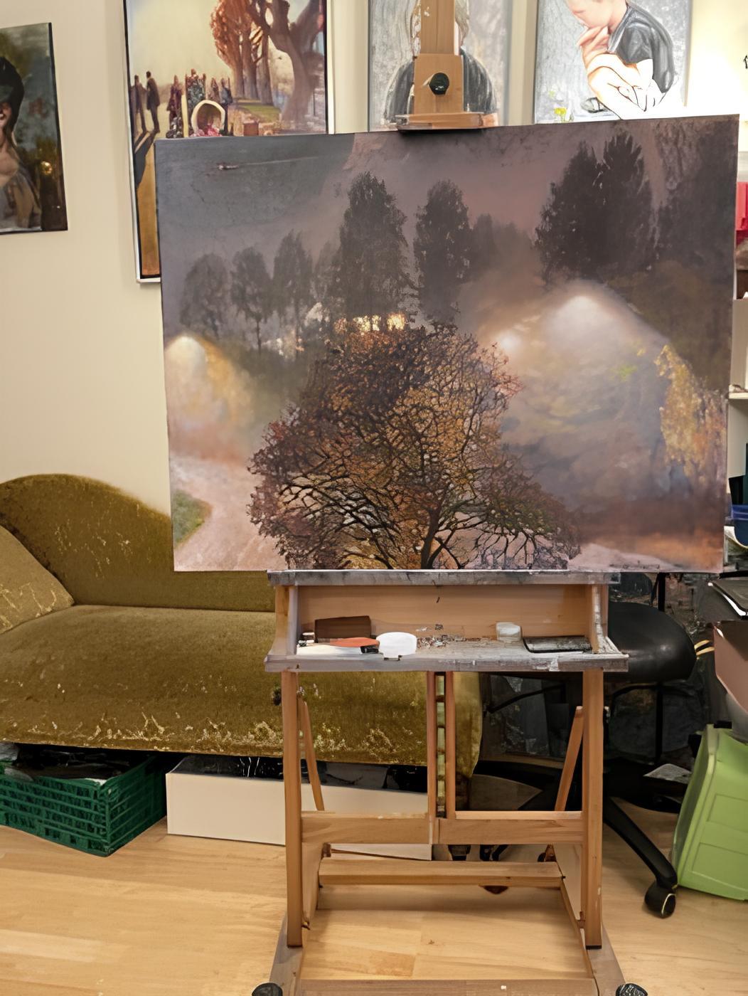 In this oil painting, I aimed to capture the tranquil yet mysterious essence of a nighttime scene, viewed as if through a window. My brushstrokes, shaped by impressionism, blend light and shadow, weaving a tapestry of quiet introspection and the