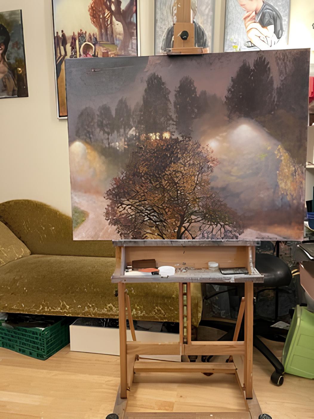 „Night outside the window“ Original ippressionistische Landschaft. Ölgemälde (Grau), Landscape Painting, von Nadezda Stupina