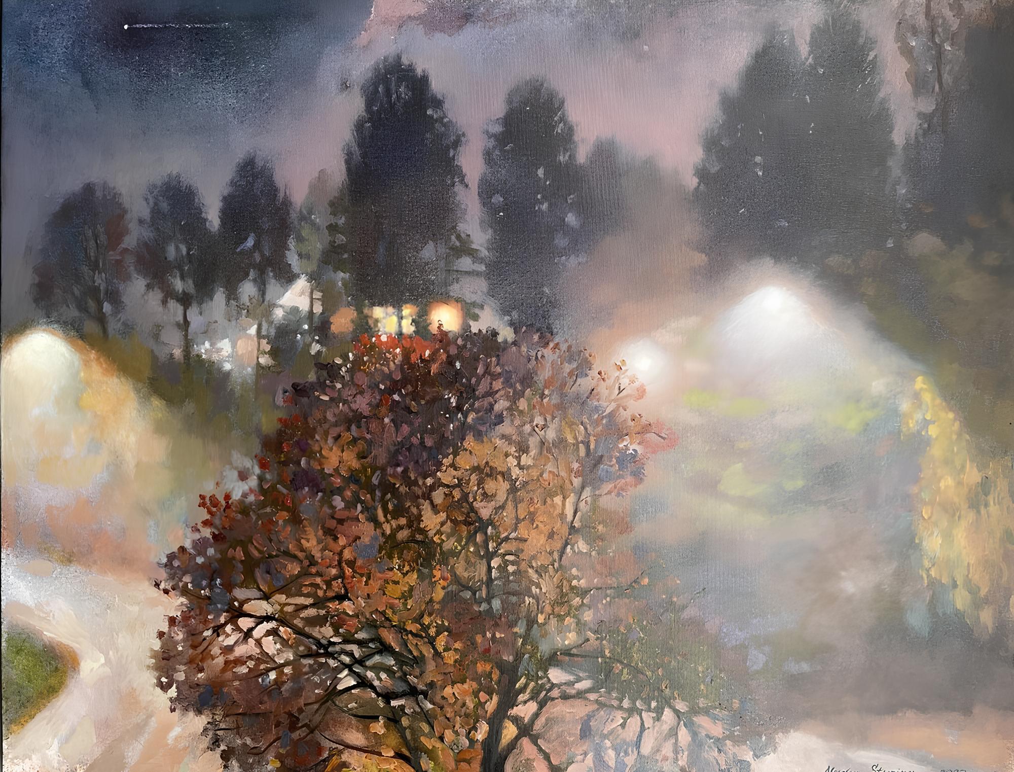 "Notte fuori dalla finestra" Paesaggio originale ippressionista. Pittura ad olio