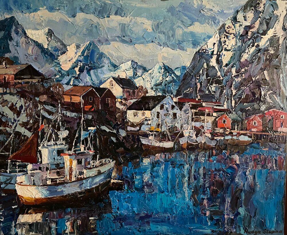 "North. Northern blue."Original impressionistic landscape. Impasto oil painting