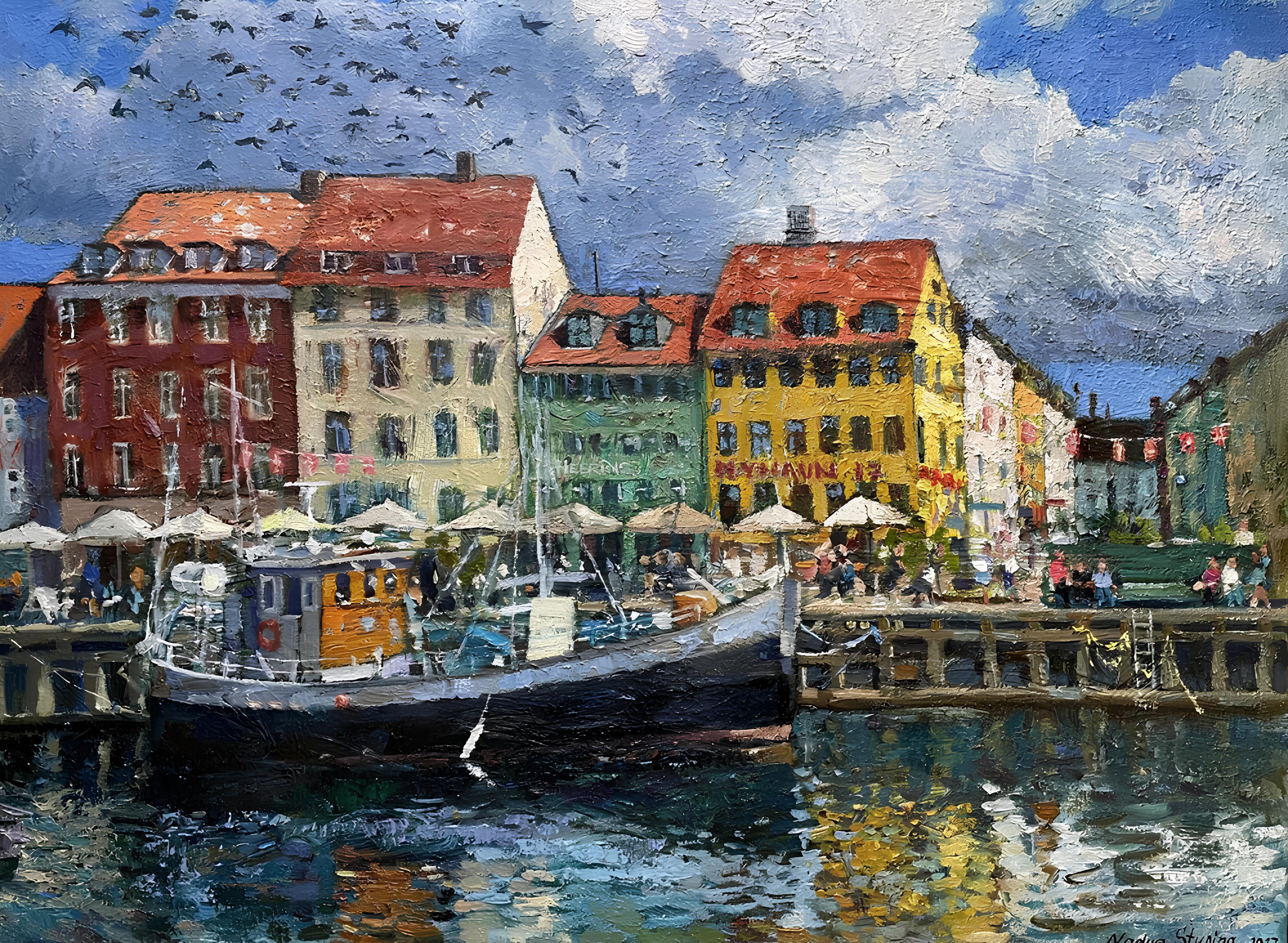Landscape Painting de Nadezda Stupina - "Nyhavn 17" Original paisaje impresionista. Pintura al óleo  Copenhague