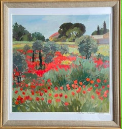 Olive trees in the poppy field . Occitanie. Original landscape painting.Frameed