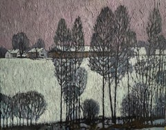 "Pink sky" Original decorative landscape . Oil Painting , Large