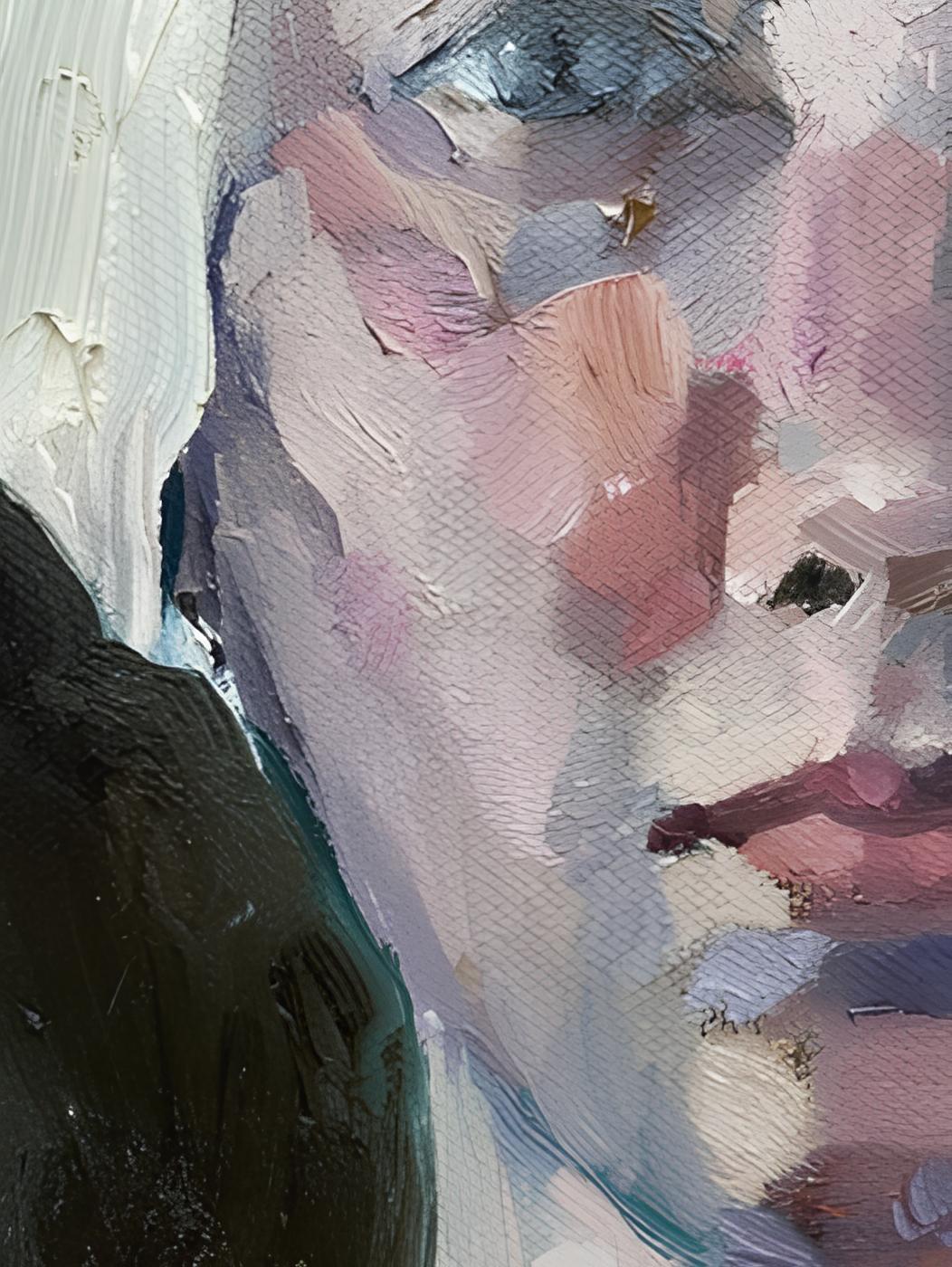 Dans cette peinture à l'huile, je me suis efforcée de capturer un moment poignant, le regard qui transmet la force silencieuse à l'intérieur. J'ai utilisé une touche impressionniste pour évoquer les émotions et la profondeur, en harmonisant les tons