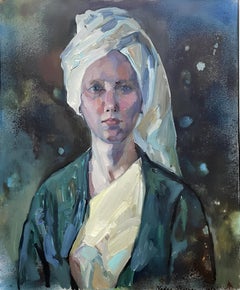 "Portrait d'une jeune fille norvégienne" Peinture à l'huile originale. Vertical . Vert .