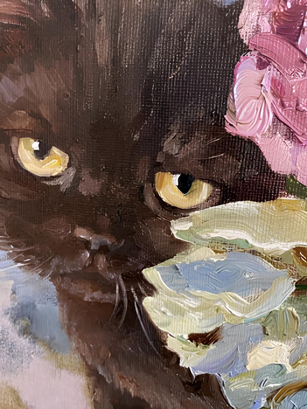 In this oil painting, I've juxtaposed vibrant, blooming roses with the enigmatic presence of felines to embody the interplay of beauty and mystery. The textured strokes capture the rawness of emotions, inviting viewers to ponder the untold stories