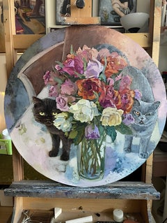 „Rosen und Bänder“. Runde Leinwand. Katzen, Haustiere. Original-Ölgemälde .