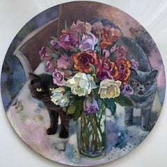 "Rose e banditi".  Tela rotonda. Gatti, animali domestici. Pittura ad olio originale.