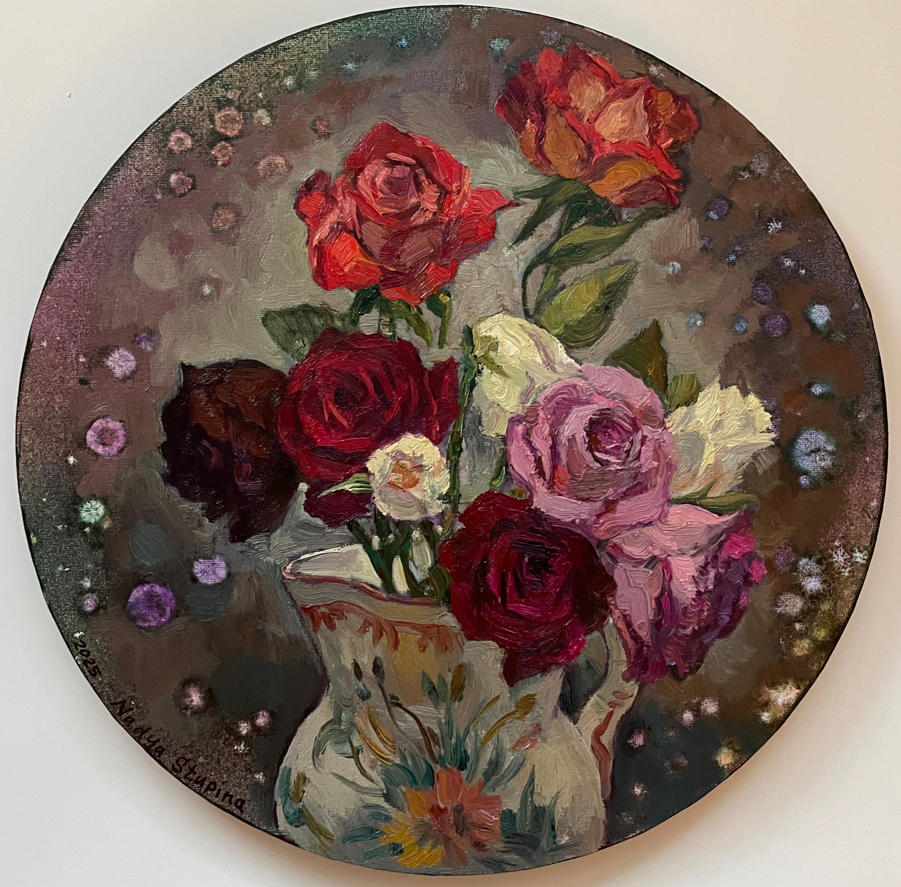 "Rosen in einer Vase" Original Ölgemälde. Kleine runde Leinwand. Geschenk , Wohnkultur