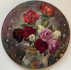"Rose in vaso" Pittura a olio originale. Una piccola tela rotonda. Regalo , arredamento per la casa