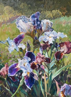Royal iris. Original floral painting. Vertical . Oil on canvas. Impasto